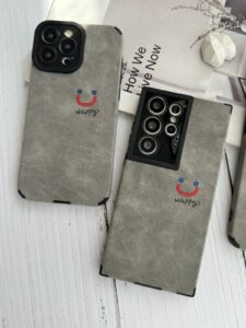 قاب موبایل آیفون چرم و جیر طوسی اسمایل محافظ لنزدار - تصویر 2